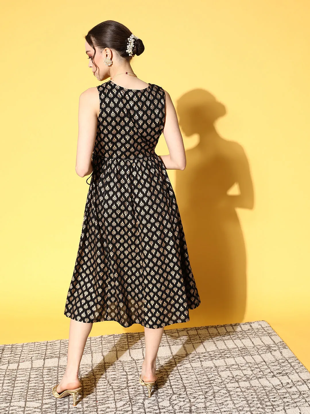 Sunehri Women's Cotton Black & Gold Foil Printed A-Line Dress