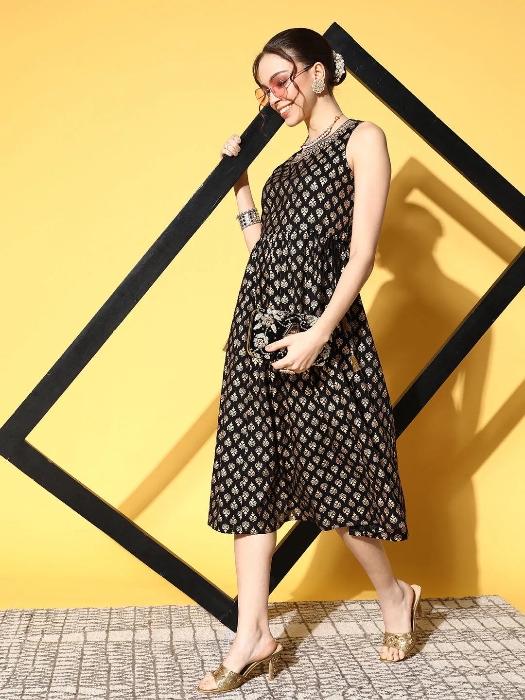 Sunehri Women's Cotton Black & Gold Foil Printed A-Line Dress