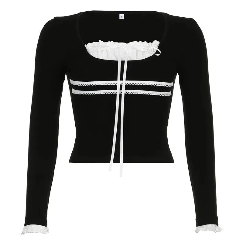 Sweet Black Lace Patched Bow Top
