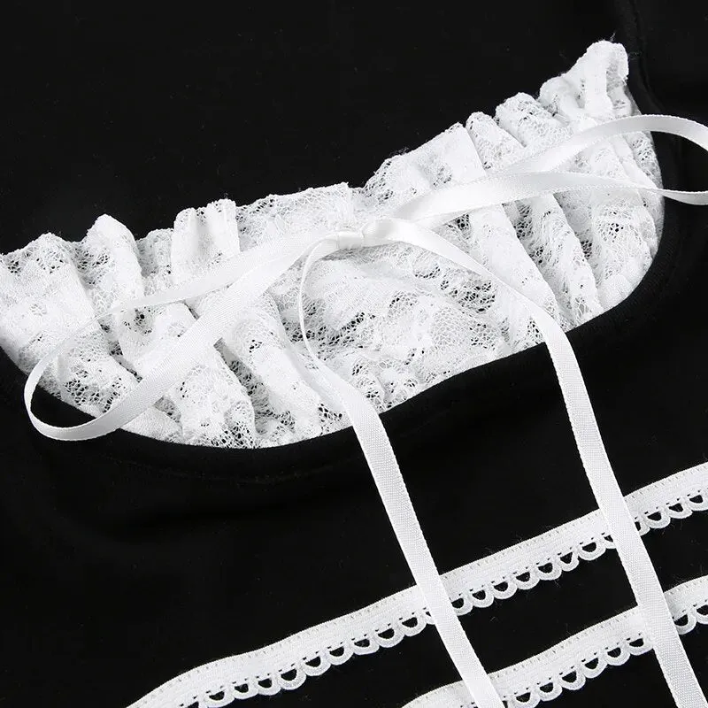 Sweet Black Lace Patched Bow Top