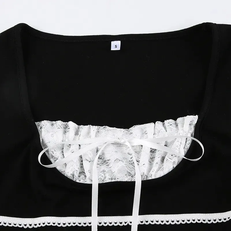 Sweet Black Lace Patched Bow Top