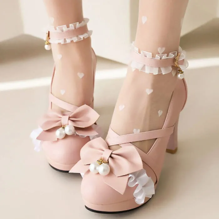 Sweet Bow Decor Lace Chunk Heel Sandals