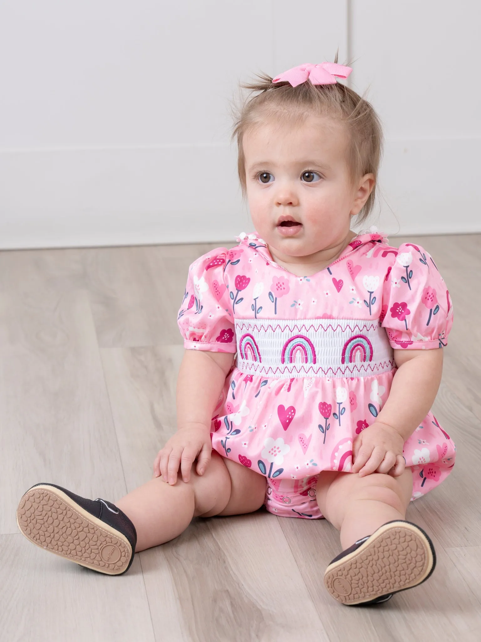 Sweet Pink Floral Rainbow Smocked Bubble