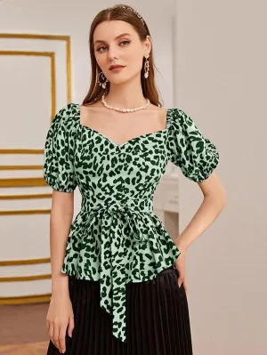 Sweetheart Neck Belted Leopard Top