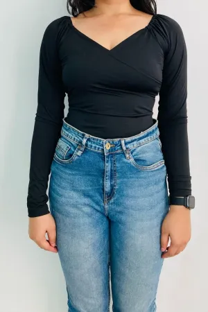 Sweetheart Neck Full Sleeve Black Top