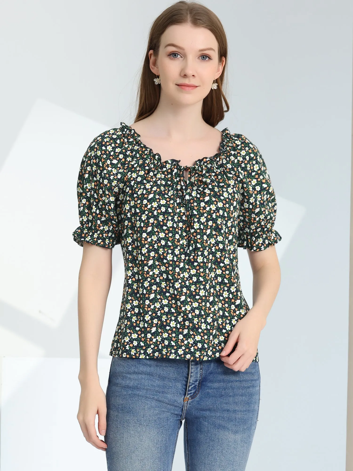 Sweetheart Neck Raglan Sleeve Retro Ruffle Floral Tops