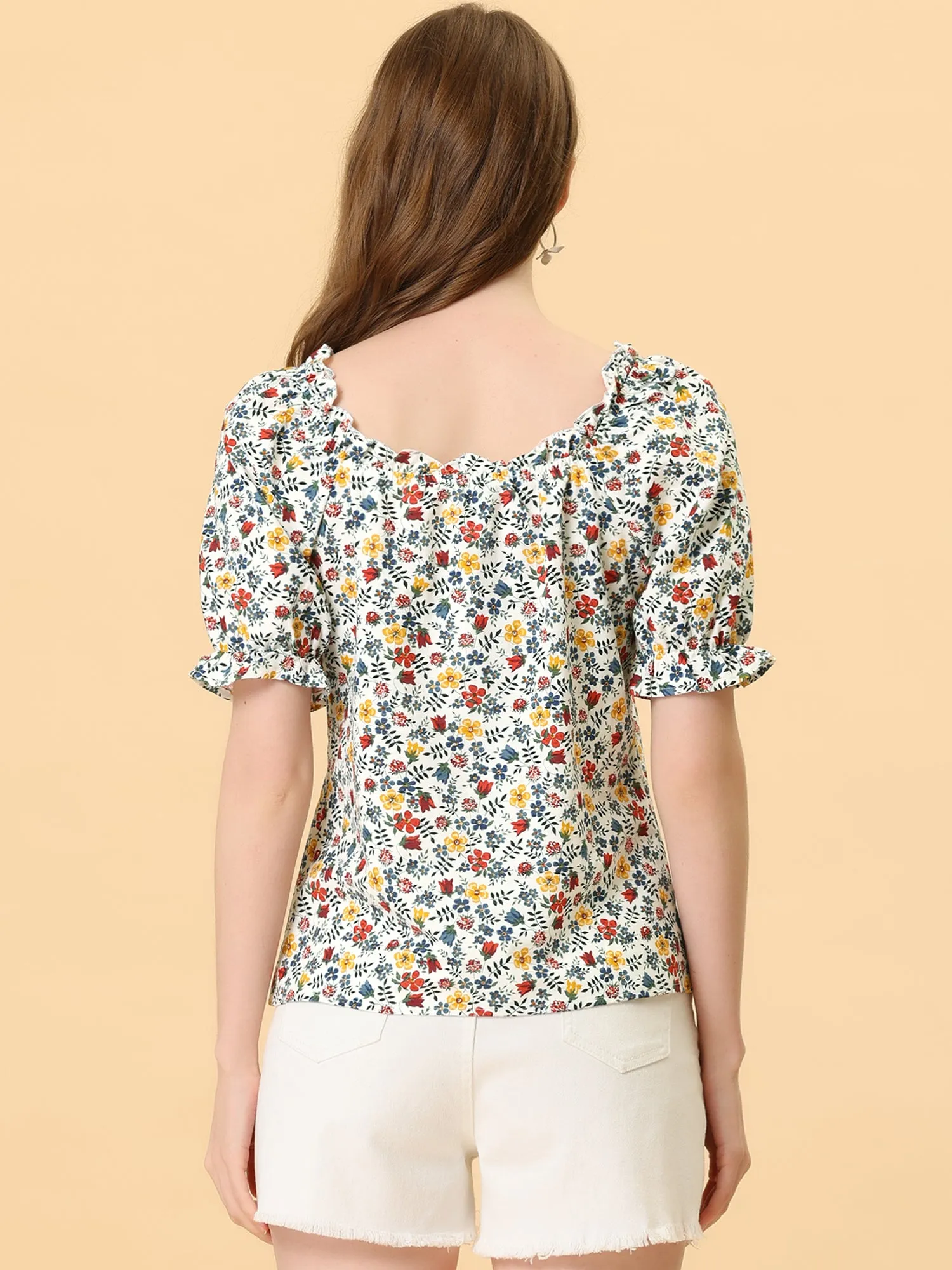 Sweetheart Neck Raglan Sleeve Retro Ruffle Floral Tops