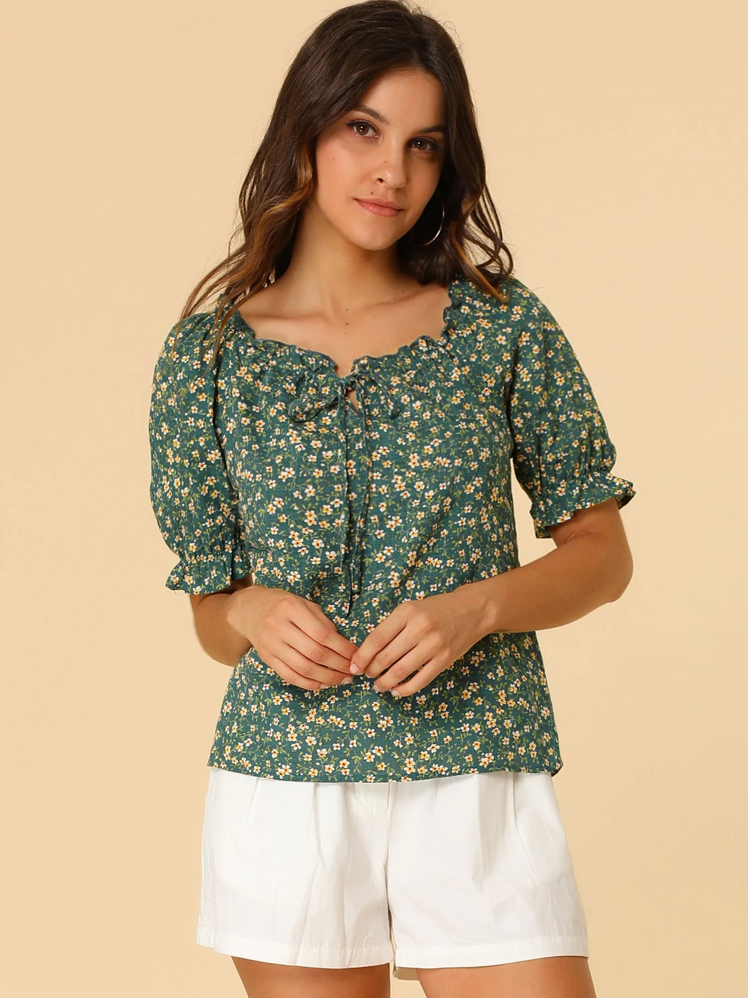 Sweetheart Neck Raglan Sleeve Retro Ruffle Floral Tops