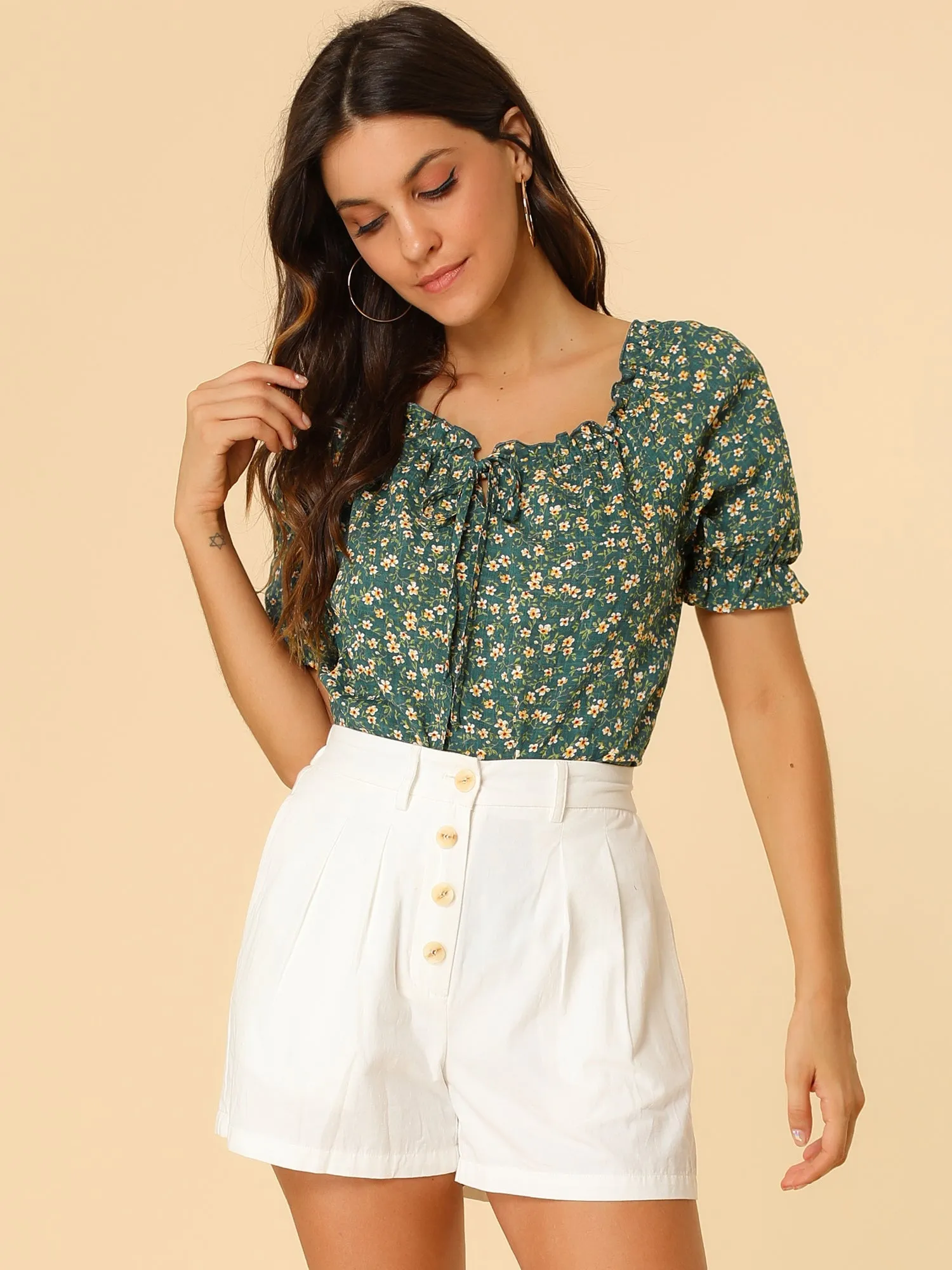 Sweetheart Neck Raglan Sleeve Retro Ruffle Floral Tops