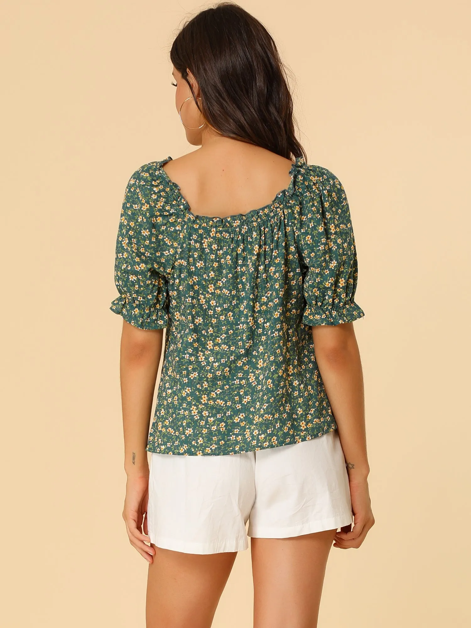 Sweetheart Neck Raglan Sleeve Retro Ruffle Floral Tops