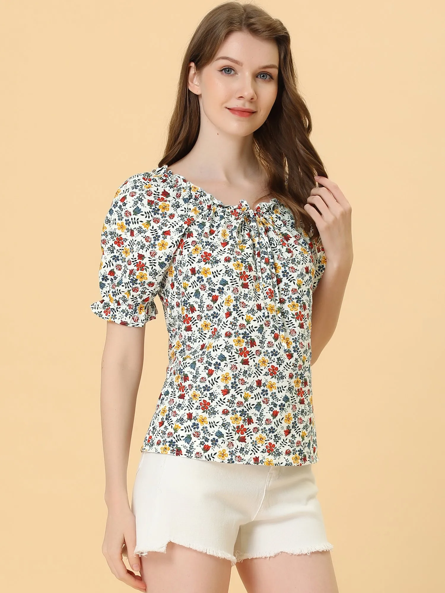 Sweetheart Neck Raglan Sleeve Retro Ruffle Floral Tops