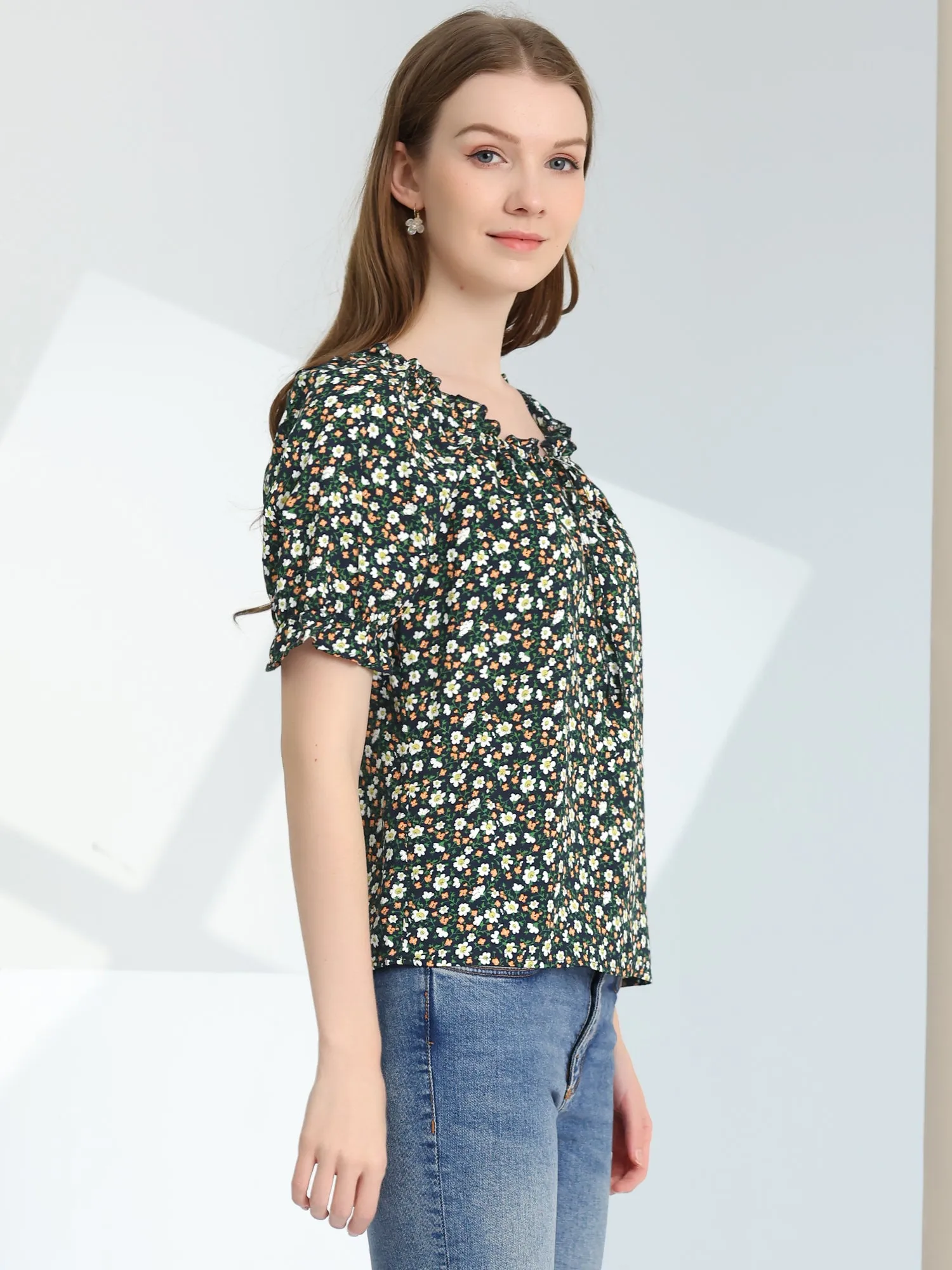 Sweetheart Neck Raglan Sleeve Retro Ruffle Floral Tops