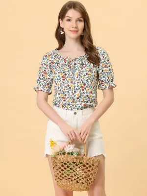 Sweetheart Neck Raglan Sleeve Retro Ruffle Floral Tops