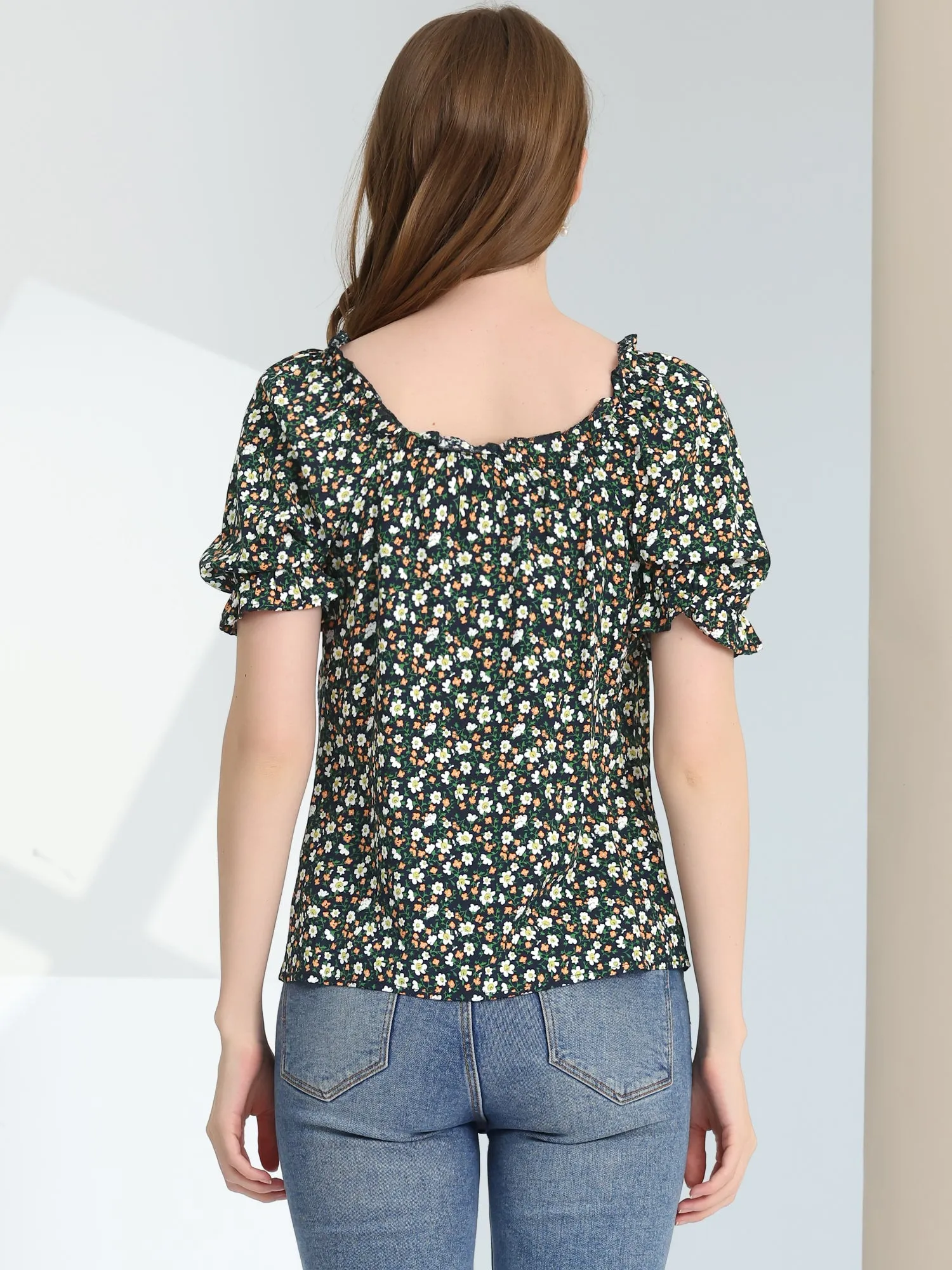Sweetheart Neck Raglan Sleeve Retro Ruffle Floral Tops