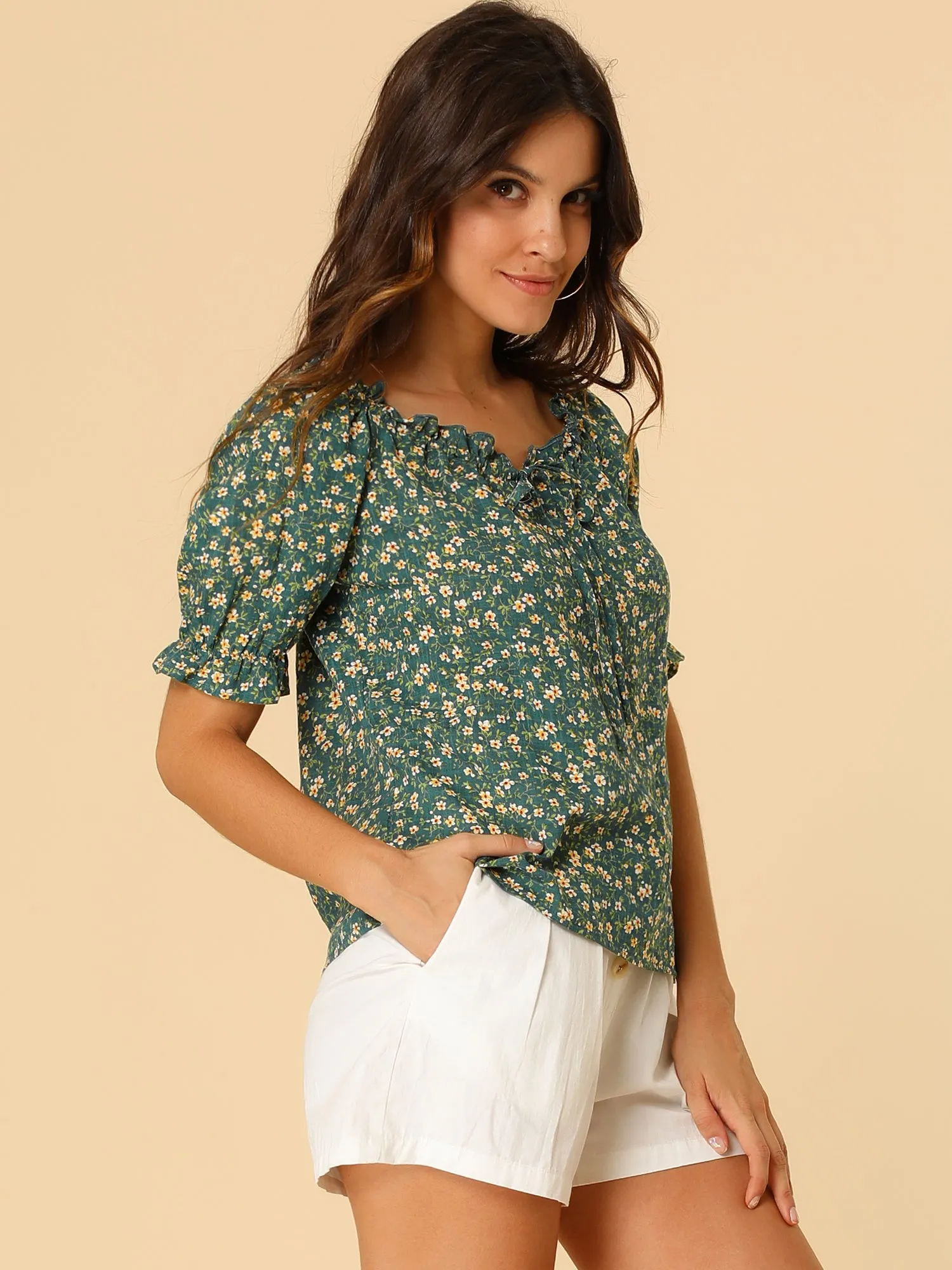 Sweetheart Neck Raglan Sleeve Retro Ruffle Floral Tops