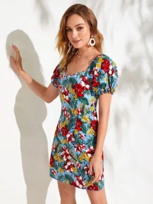 Sweetheart Neck Tropical Print Dress