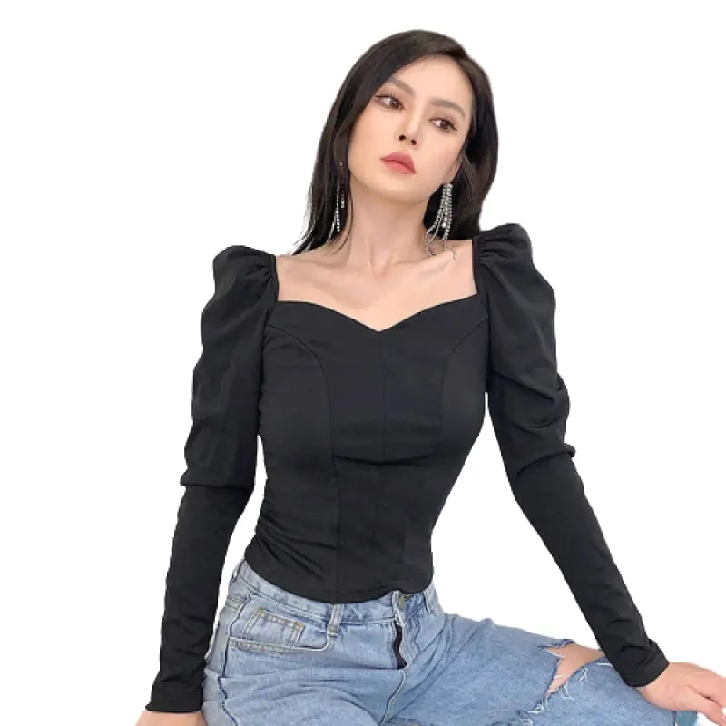 Sweetheart Square Neckline Blouse Shirt - Black