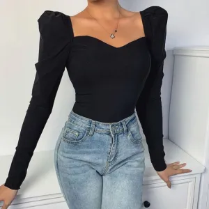 Sweetheart Square Neckline Blouse Shirt - Black