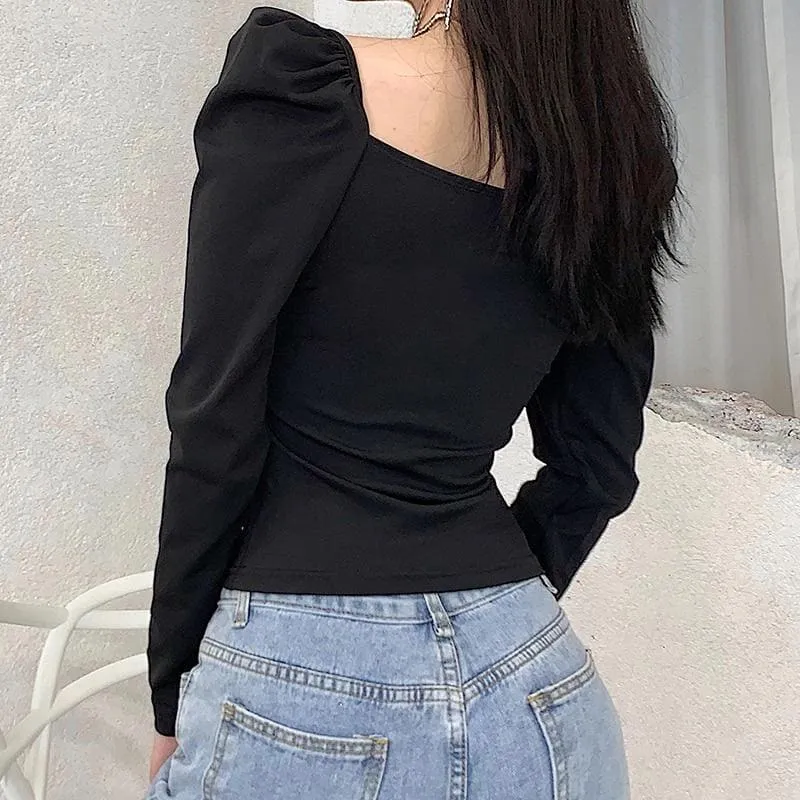 Sweetheart Square Neckline Blouse Shirt - Black