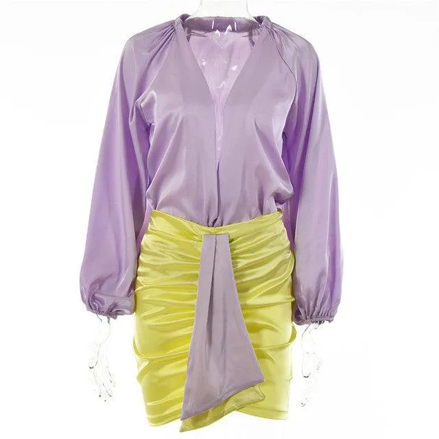T-BOO Women 2 Piece Satin Sets Long V-neck Long Sleeve Body Tops And Ruched Skirts Set 2022 Femme Partywear Mini Summer Outfits