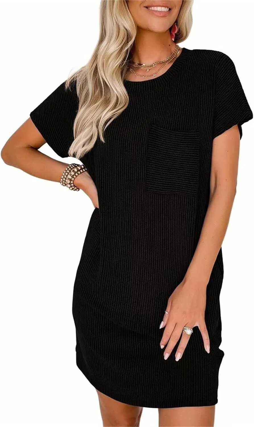 T Shirt Dress for Women Casual Ribbed Mini Tshirt Dress Crewneck Short Sleeve Striped Textured Dresses Fashion Dresses