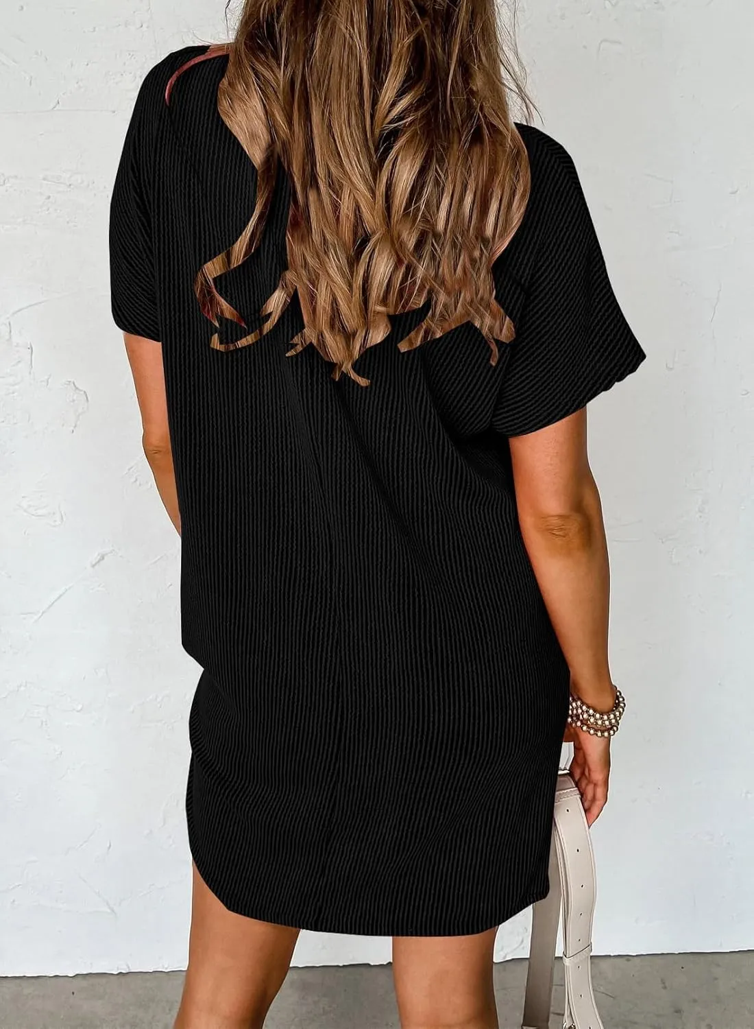 T Shirt Dress for Women Casual Ribbed Mini Tshirt Dress Crewneck Short Sleeve Striped Textured Dresses Fashion Dresses