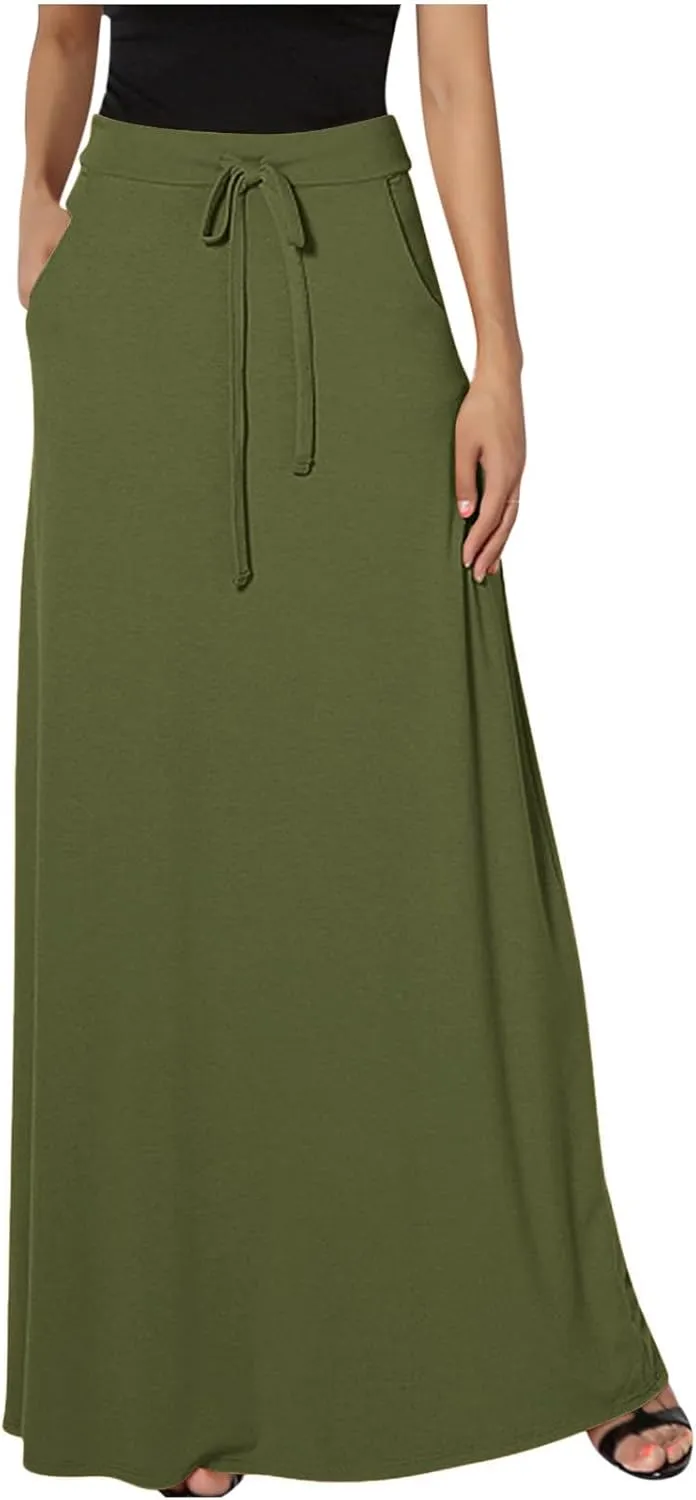 TANGNADE Spring Maxi Skirts for Women 2025 with Pockets Summer Plus Size Trendy Boho Comfy Elastic Waist Long Skirt