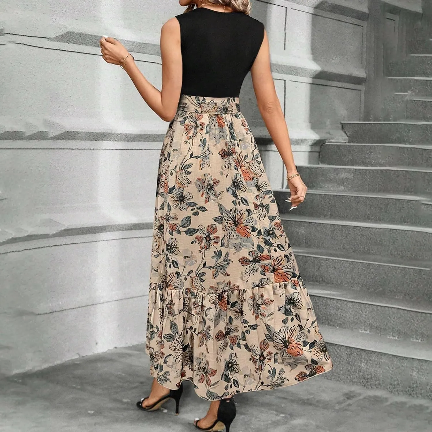 Tank Dresses for Women 2025 Sleeveless Flowy Summer Floral Maxi Dress Tiered Ruffle Empire Waist Patchwork Dress