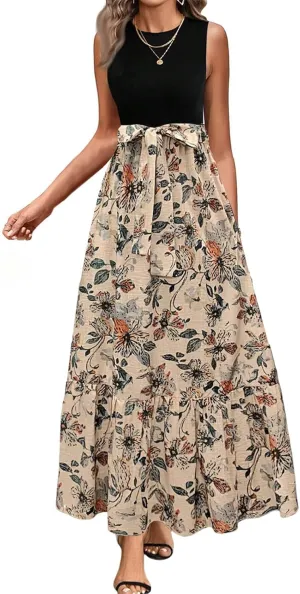 Tank Dresses for Women 2025 Sleeveless Flowy Summer Floral Maxi Dress Tiered Ruffle Empire Waist Patchwork Dress