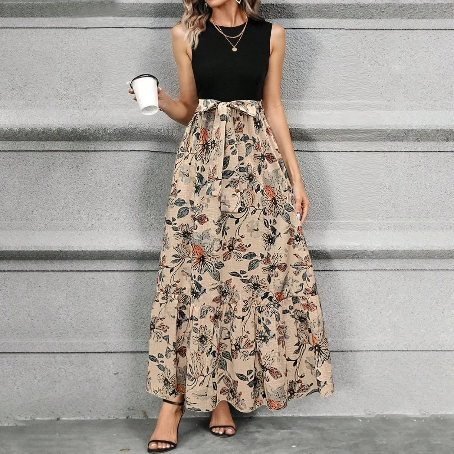 Tank Dresses for Women 2025 Sleeveless Flowy Summer Floral Maxi Dress Tiered Ruffle Empire Waist Patchwork Dress