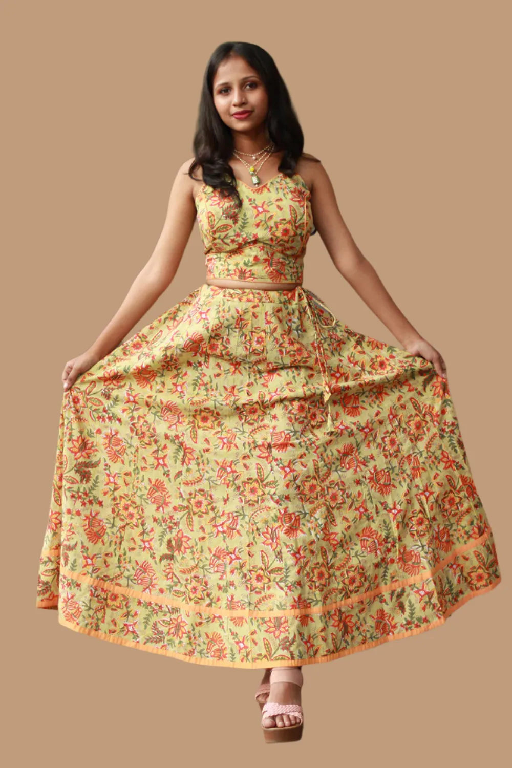 Tarangini | Kalidar Skirt | Sanganeri Floral Lime