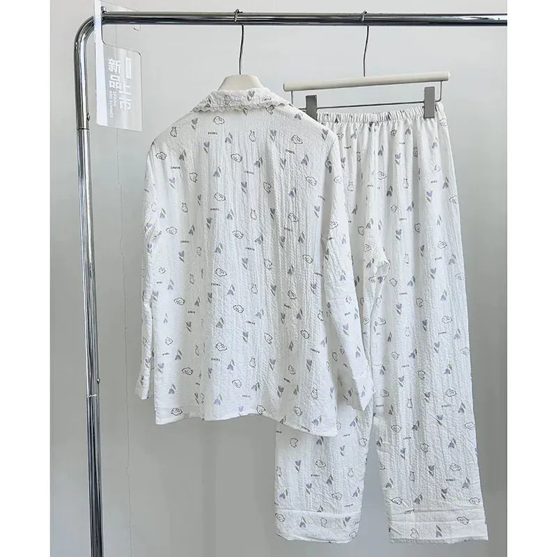 TAVIMART  -  Sleepwear Cotton Pajamas Long Sleeve Pyjamas Women Nightwear Lapel Pyjamas Home Clothes