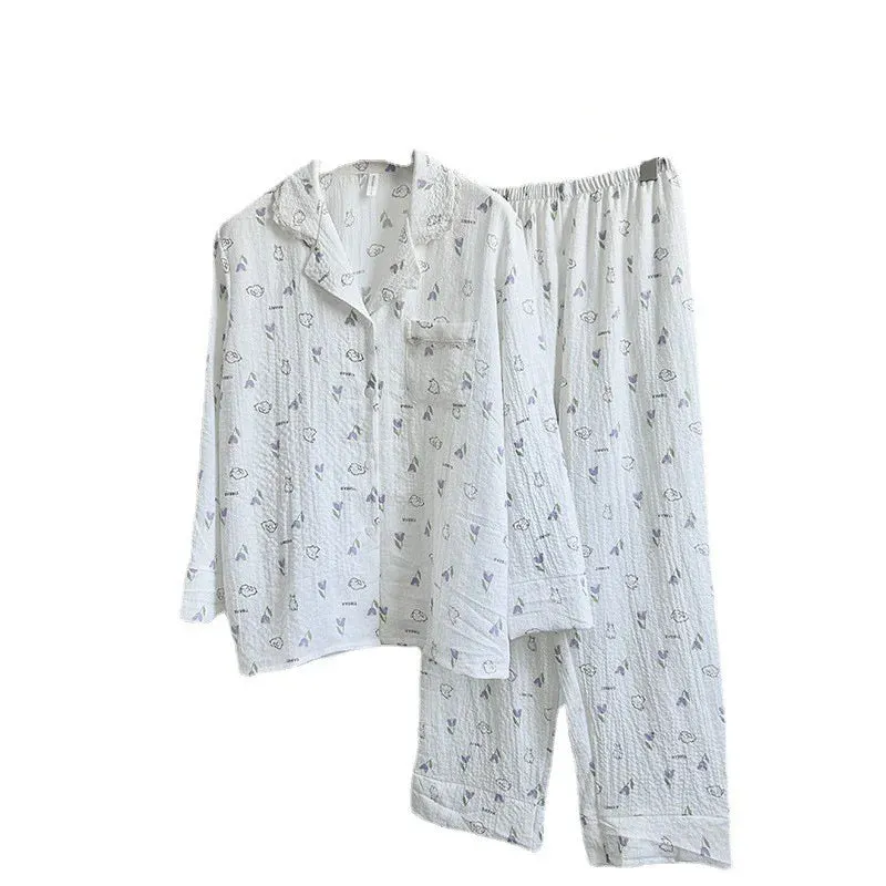 TAVIMART  -  Sleepwear Cotton Pajamas Long Sleeve Pyjamas Women Nightwear Lapel Pyjamas Home Clothes