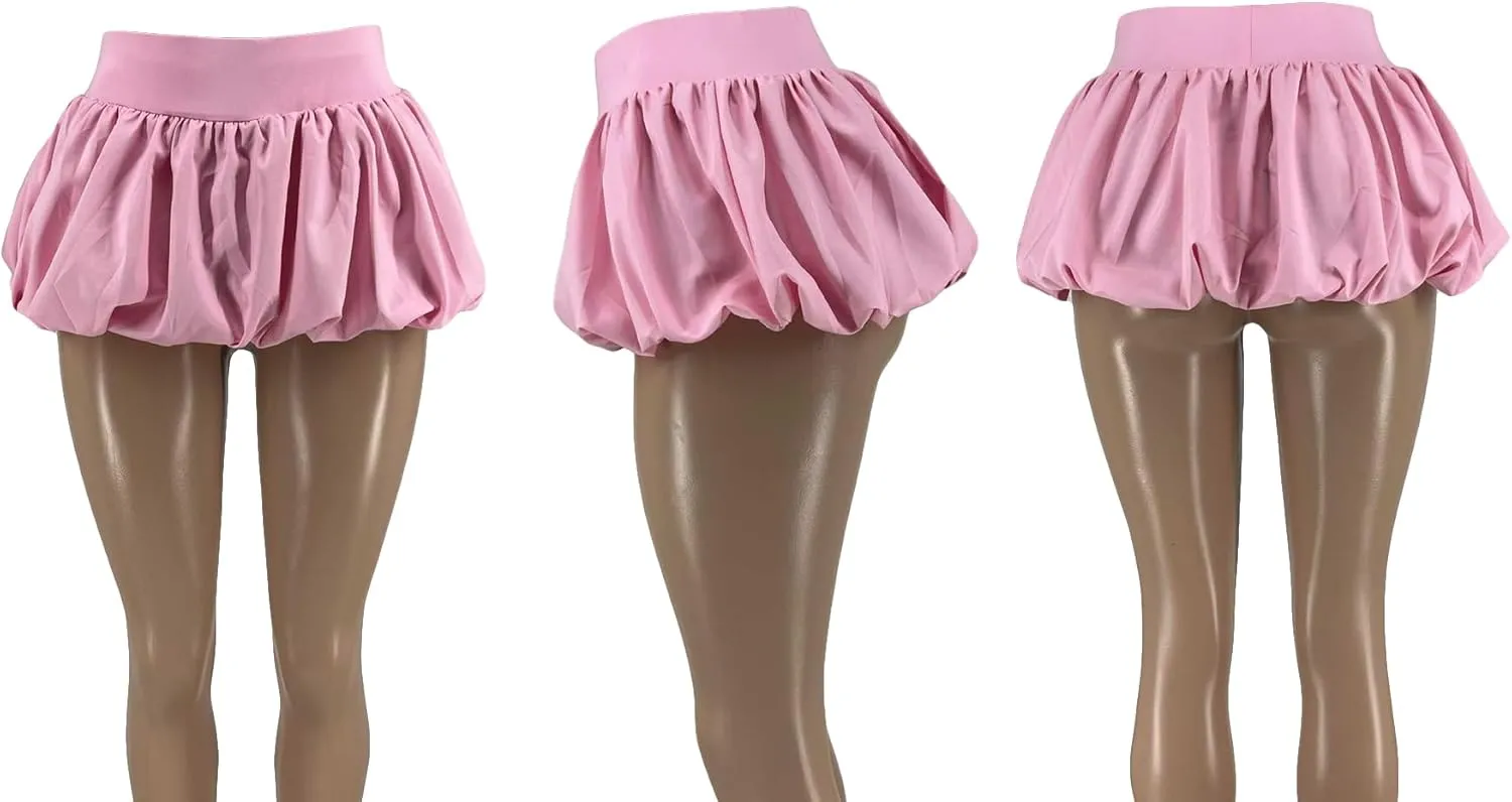 Tbahhir Women's Cute Bubble Mini Pleated Skirts Elastic High Waist Y2K Flare Puffy Short Skirt Club Streetwear