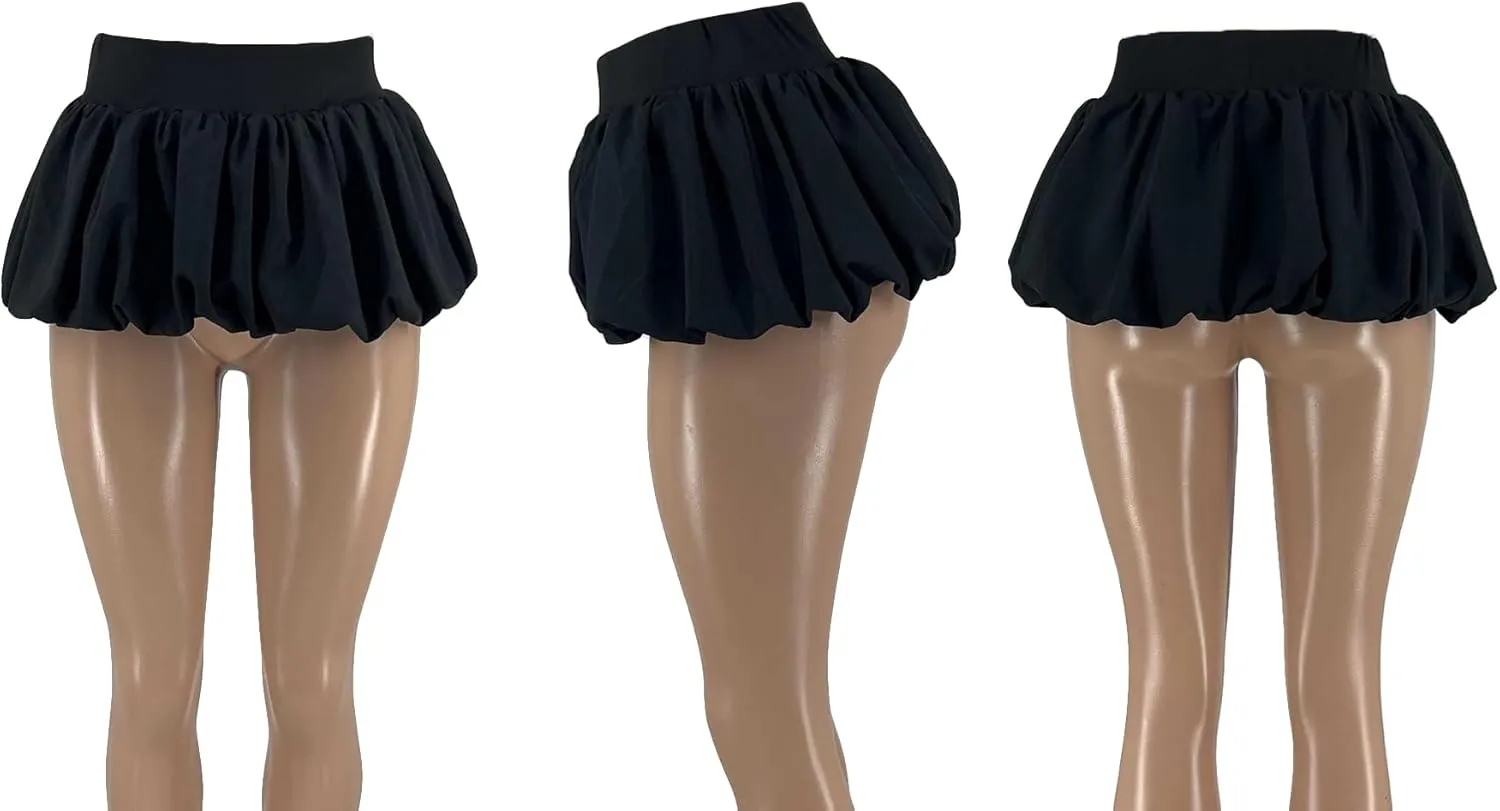 Tbahhir Women's Cute Bubble Mini Pleated Skirts Elastic High Waist Y2K Flare Puffy Short Skirt Club Streetwear