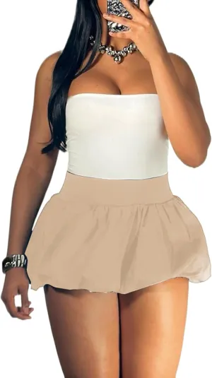 Tbahhir Women's Cute Bubble Mini Pleated Skirts Elastic High Waist Y2K Flare Puffy Short Skirt Club Streetwear