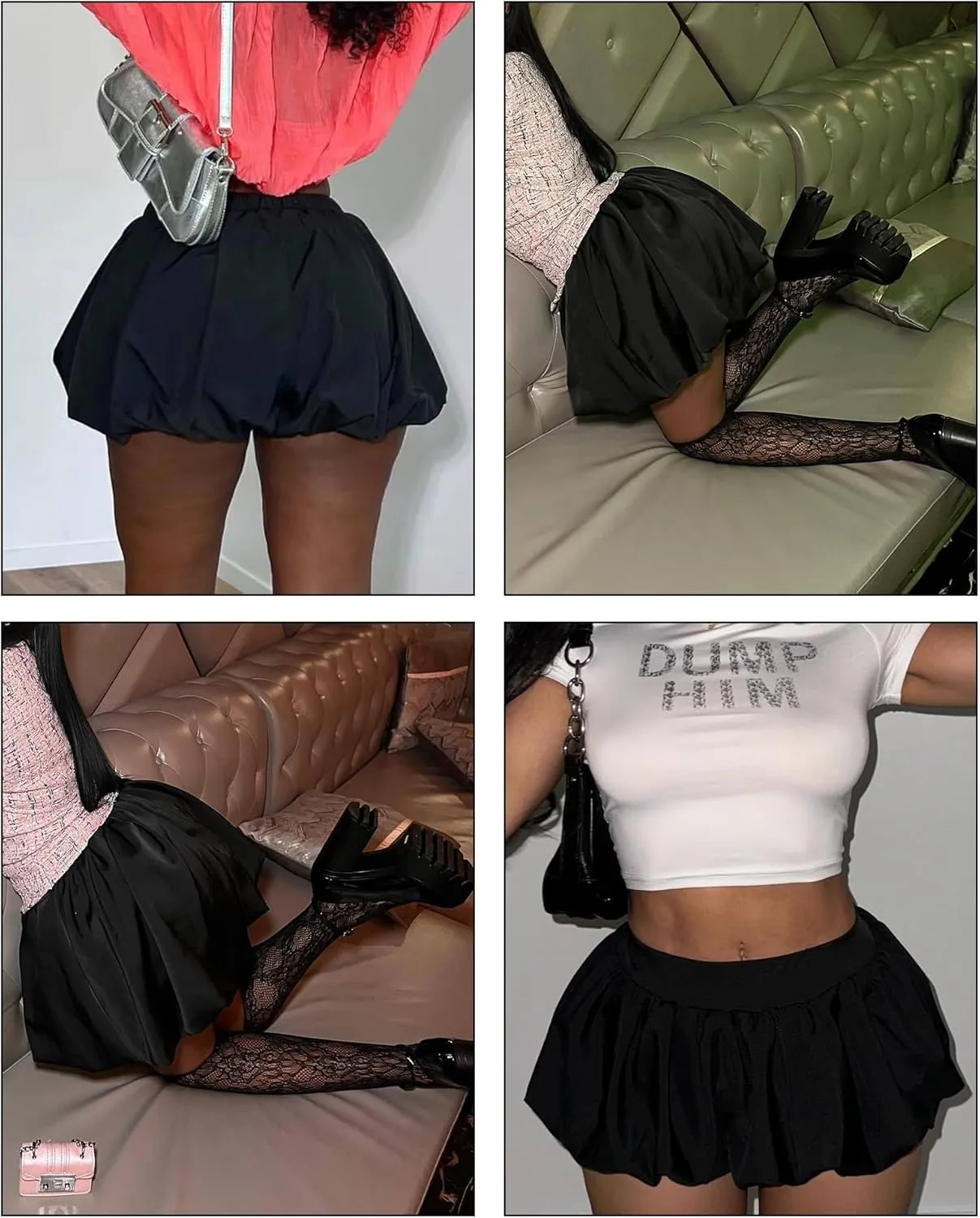 Tbahhir Women's Cute Bubble Mini Pleated Skirts Elastic High Waist Y2K Flare Puffy Short Skirt Club Streetwear