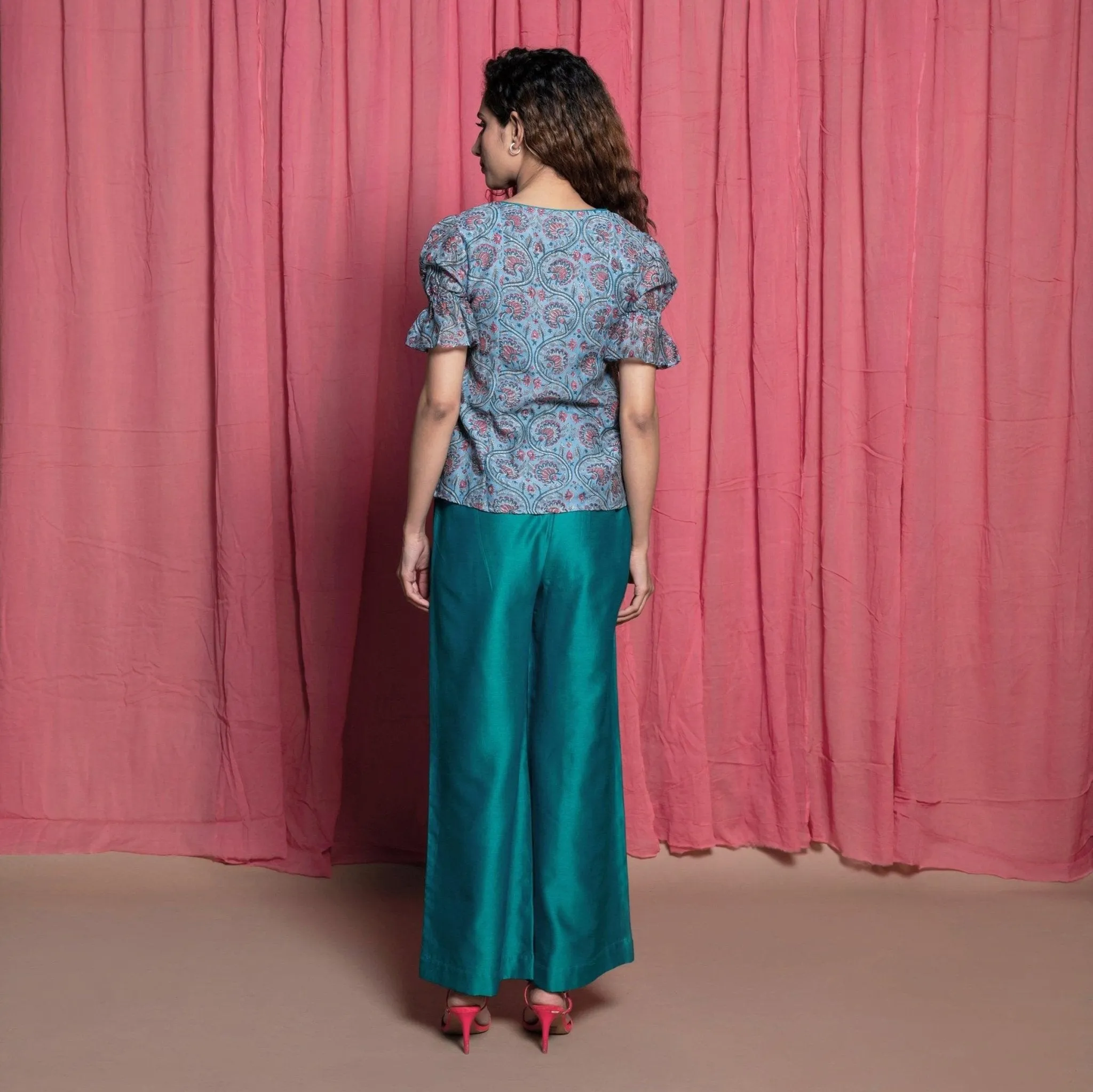 Teal Block Printed Cotton Chanderi Paneled Top