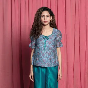 Teal Block Printed Cotton Chanderi Paneled Top