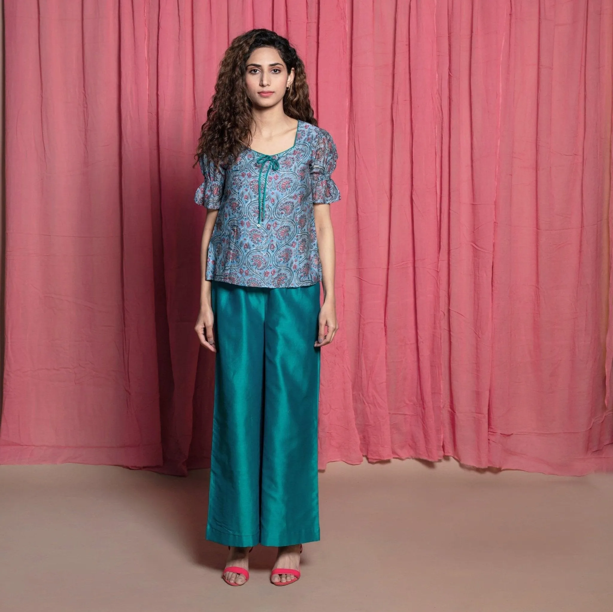 Teal Block Printed Cotton Chanderi Paneled Top