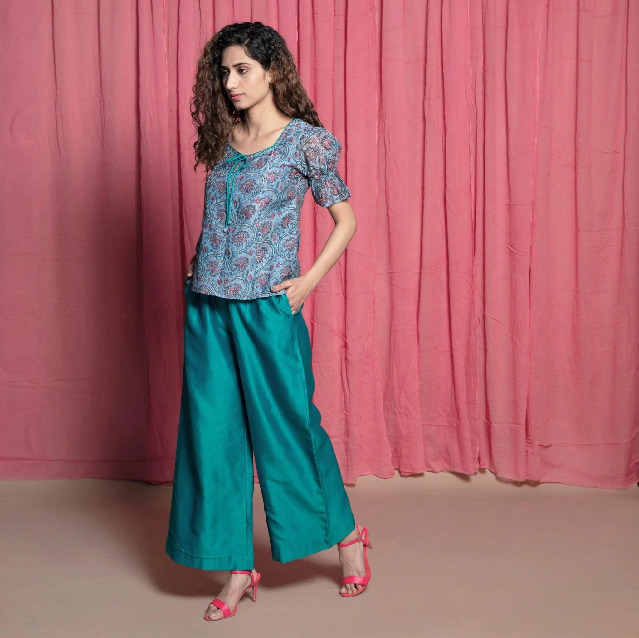 Teal Block Printed Cotton Chanderi Paneled Top