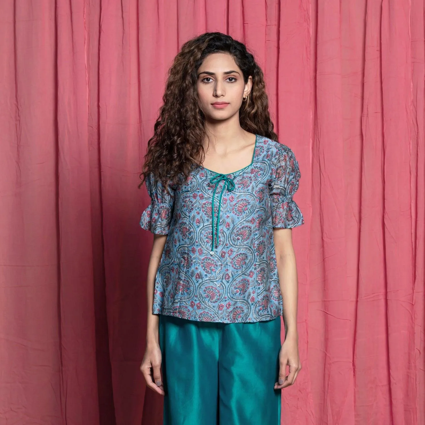 Teal Block Printed Cotton Chanderi Paneled Top