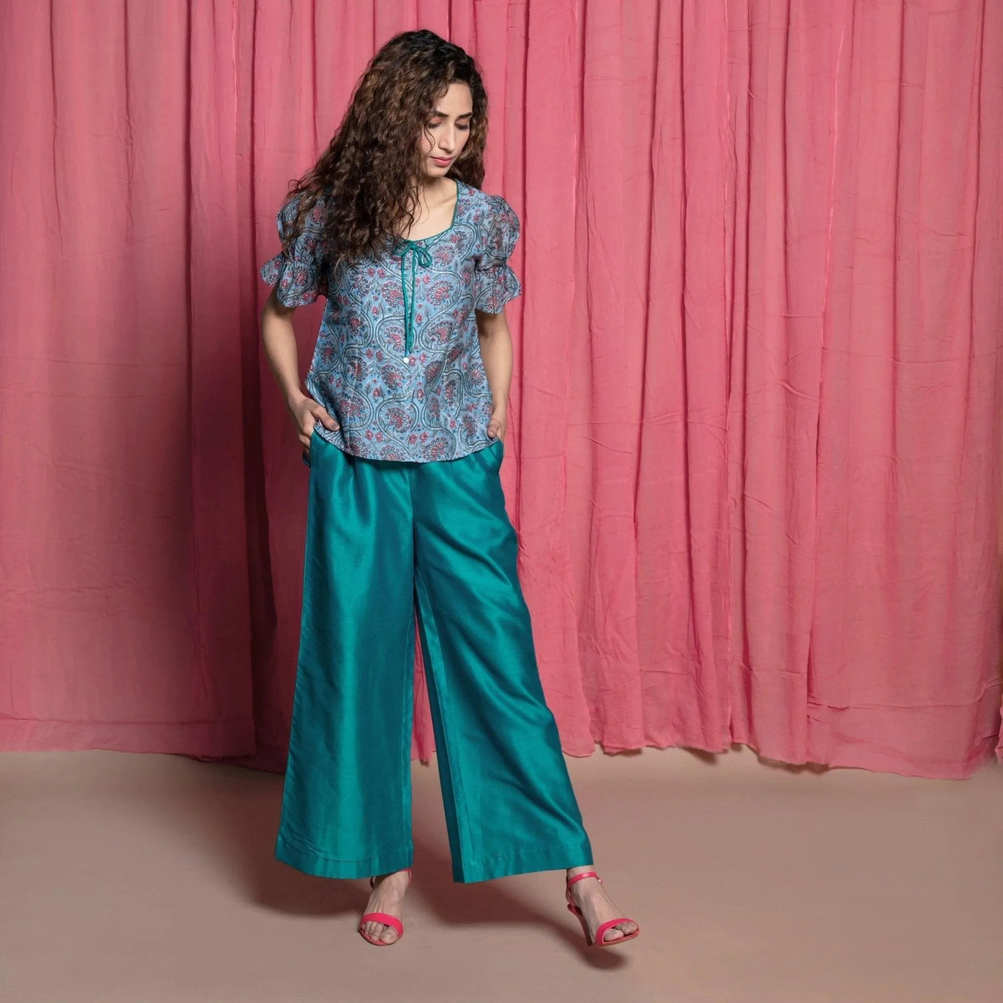 Teal Block Printed Cotton Chanderi Paneled Top