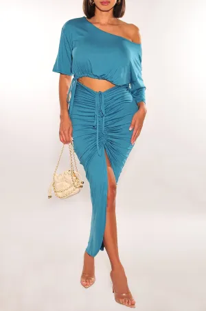 Teal Drawstring Ruched Slit Skirt Two Piece Set