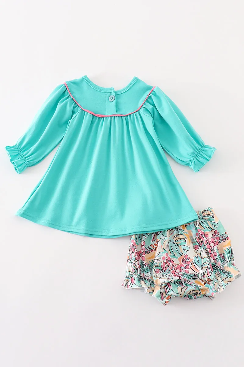 Teal floral print forest animal embroidery baby set