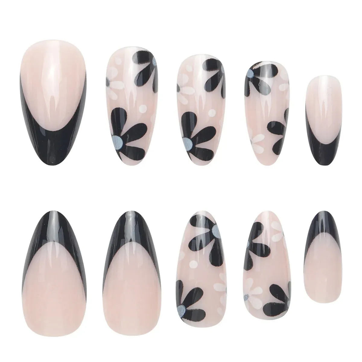 TEEK - 24 Long Almond Black French Petal False Nails