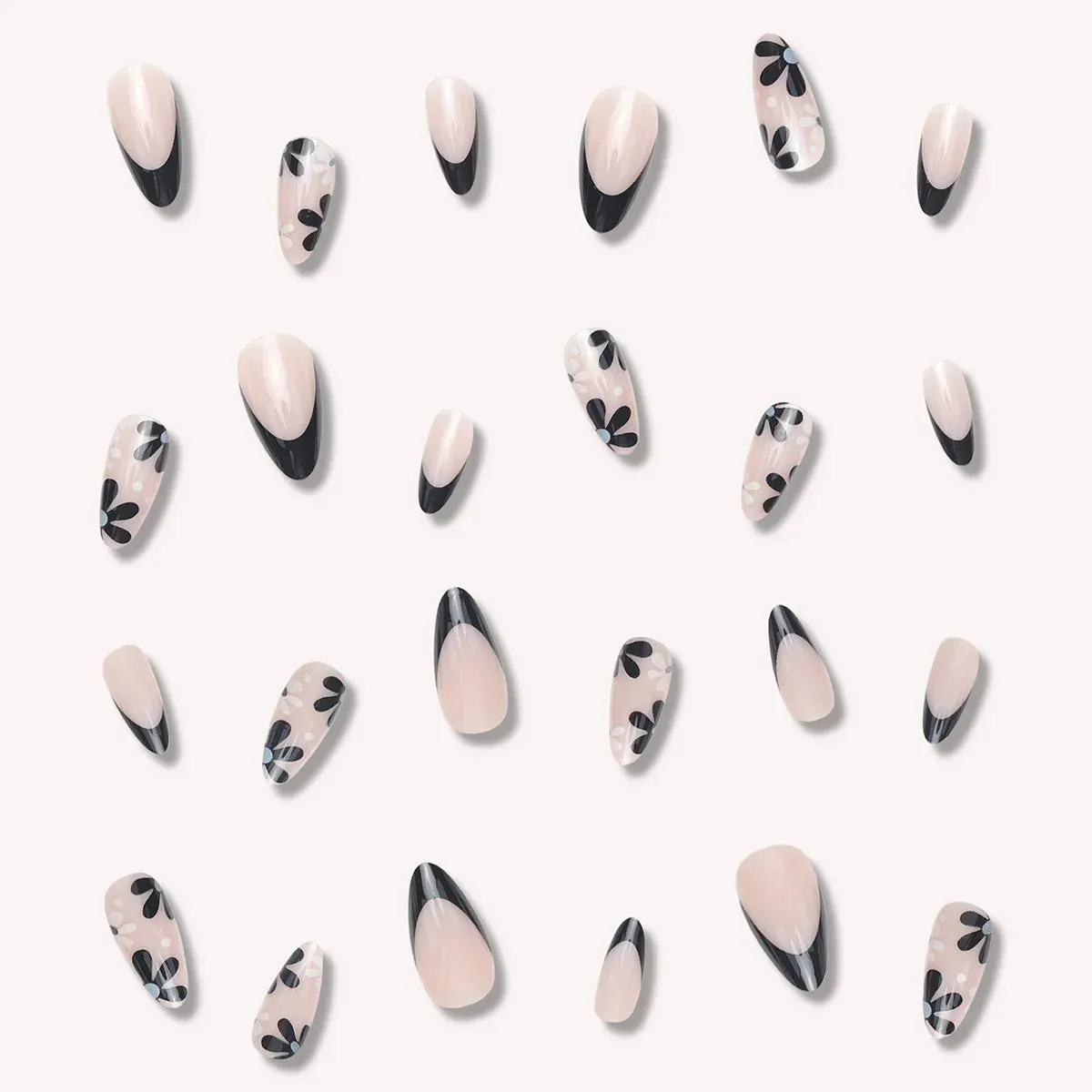 TEEK - 24 Long Almond Black French Petal False Nails