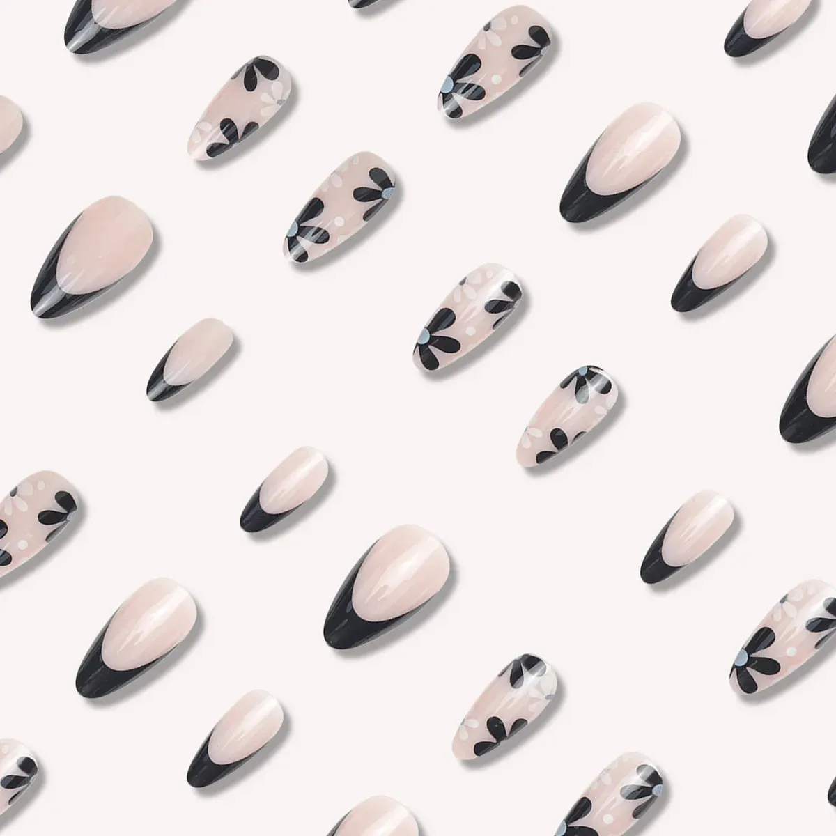 TEEK - 24 Long Almond Black French Petal False Nails