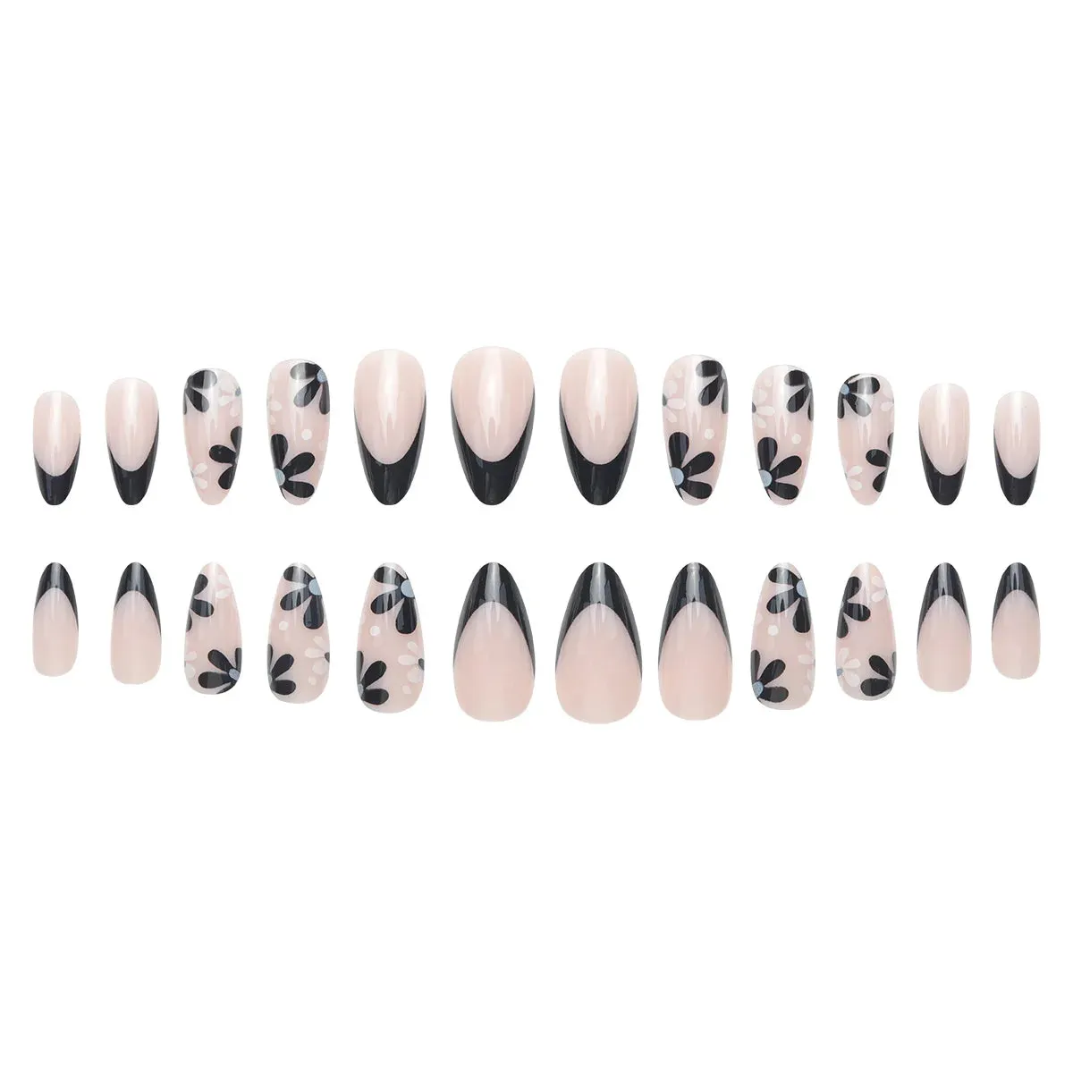 TEEK - 24 Long Almond Black French Petal False Nails