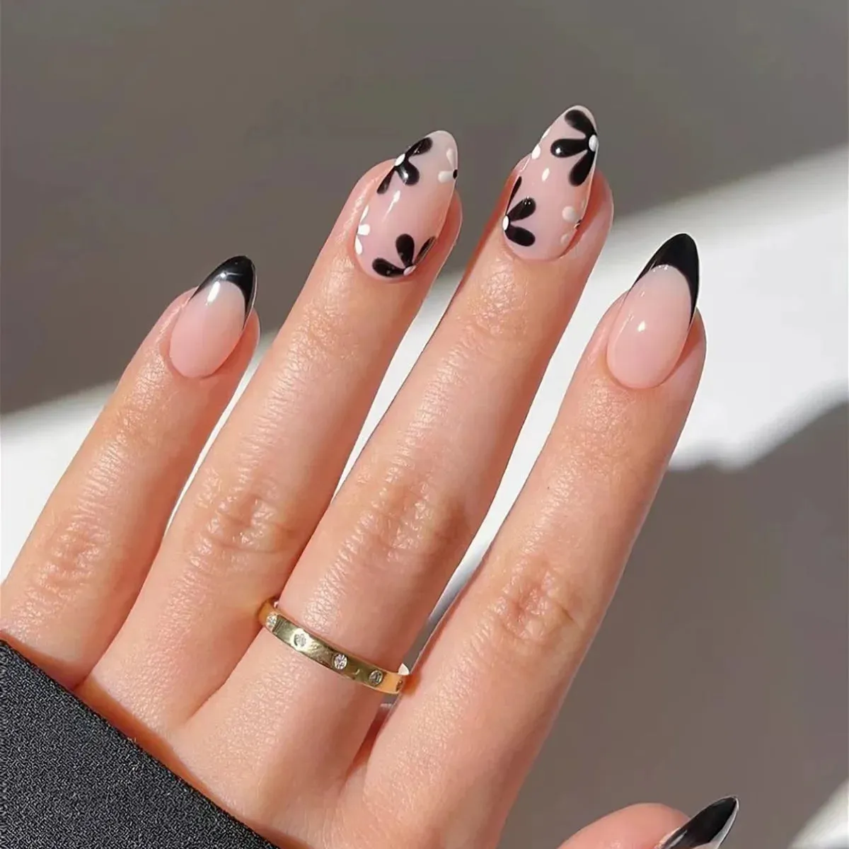 TEEK - 24 Long Almond Black French Petal False Nails